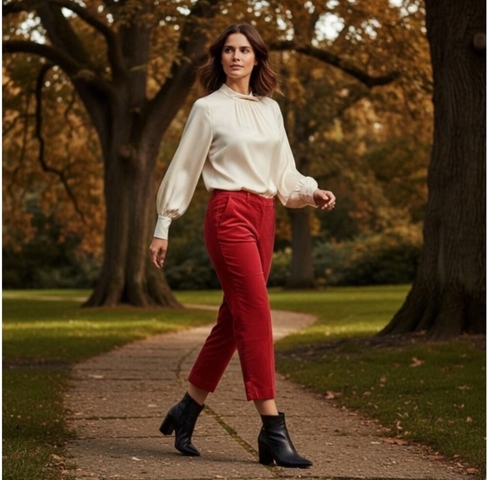 Talbots Women's Velvet Crop Ruffle Ankle Pants Red Size 10P Preppy NWT
